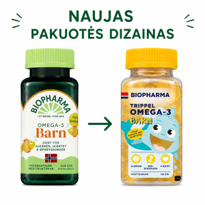 Žuvų taukai Biopharma Trippel Omega – 3 (kramtomos vaisių skonio kapsulytės) nuo 3 metų – 144 vnt.